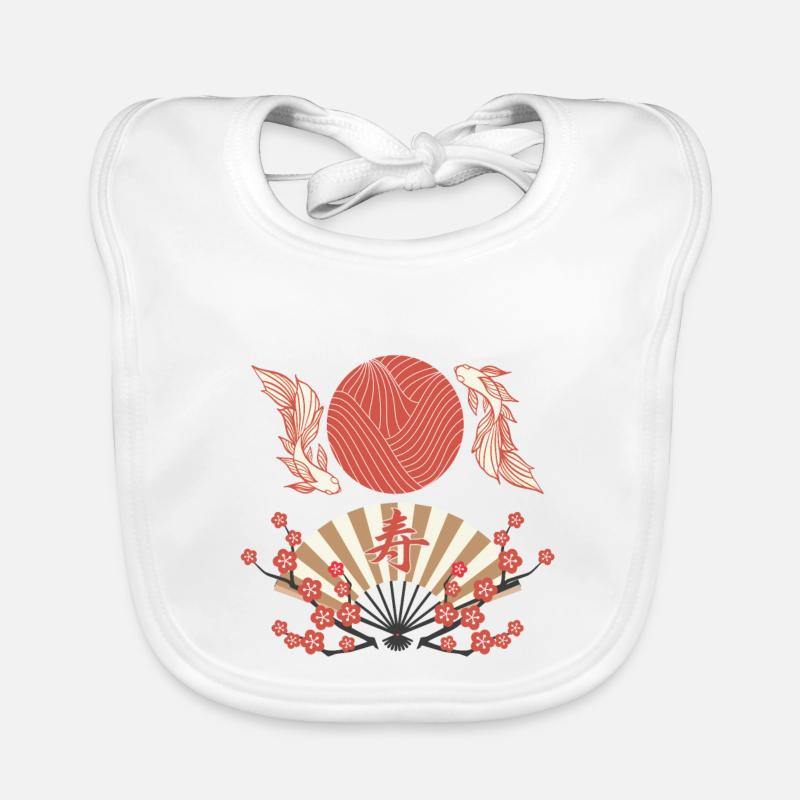 Fan japonais avec pêche KOI - Bavoir bio Bébé - blanc