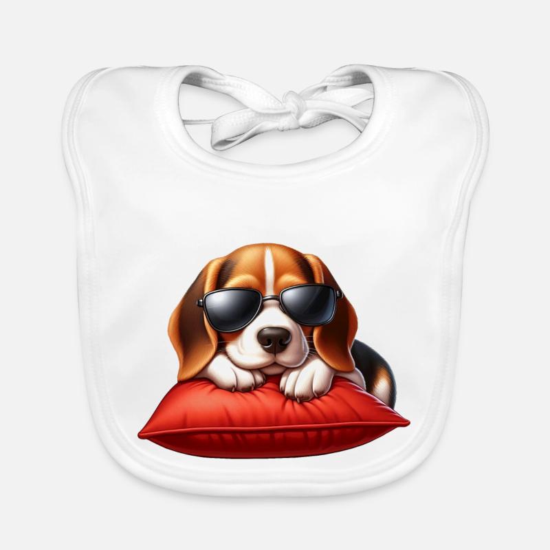 Beagle Laying on a Red Pillow & Wearing Sunglass Organic Baby Bibs