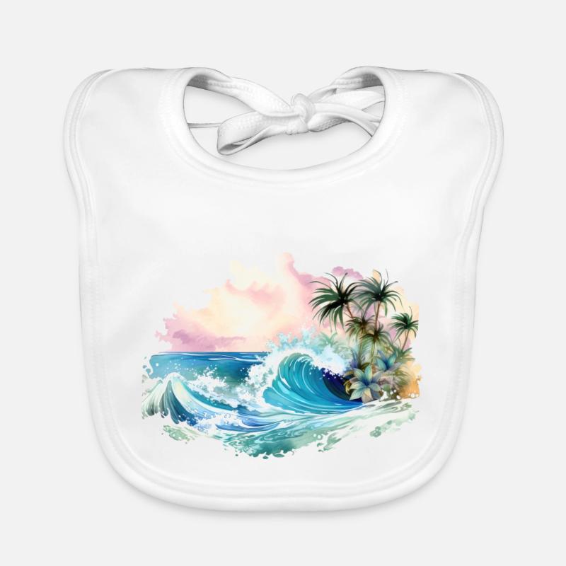 Wave, Tropical island, Sea Beach Palm Trees Holiday Organic Baby Bibs