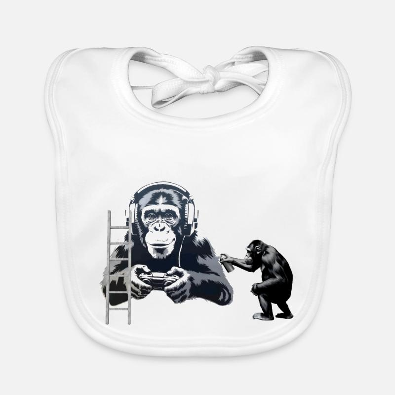GRAFFITI BANKSY STYLE - CHIMP PLAYING COMPUTER GAM Organic Baby Bibs