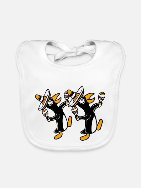 2 Pingouins Hochets Fête Mexique Culture Chapeaux Équipe - Bavoir bio Bébé - blanc - Devant