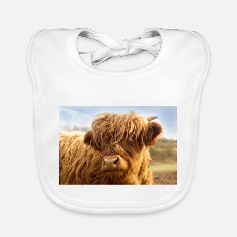 Petite vache, veau brun regarde la caméra - Bavoir bio Bébé - blanc