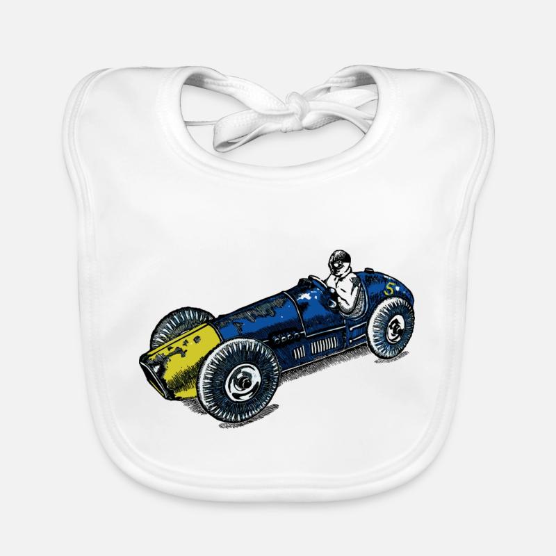 voiture de course jaune bleu - Bavoir bio Bébé - blanc