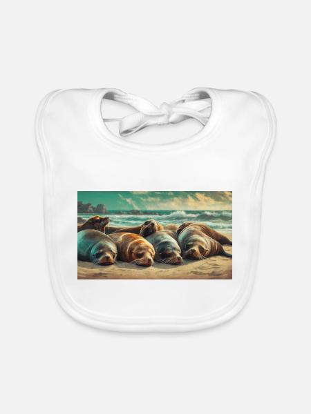 Cute animals chilling – sea lion sleeping beach - Organic Baby Bibs - white - Front
