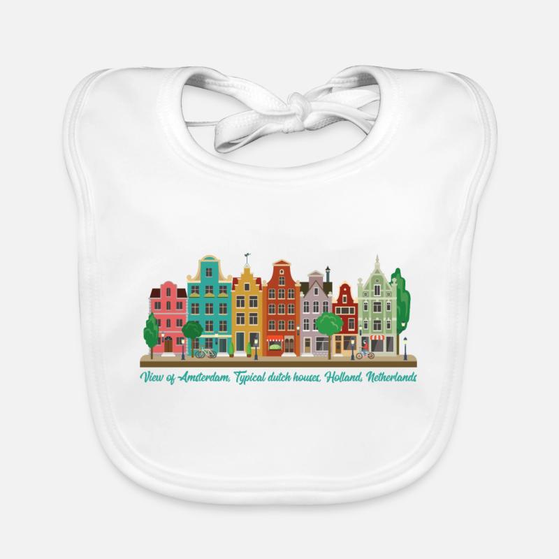 Vue d’Amsterdam, maisons hollandaises typiques, Hollande - Bavoir bio Bébé - blanc