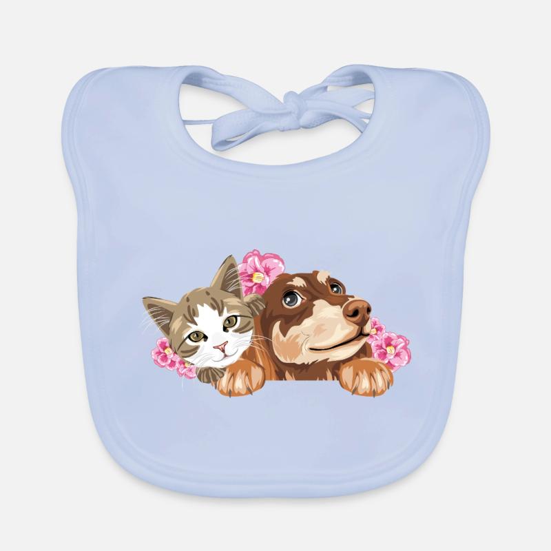 Chat mignon et teckel rêveur avec des fleurs roses Bavoir bio Bébé