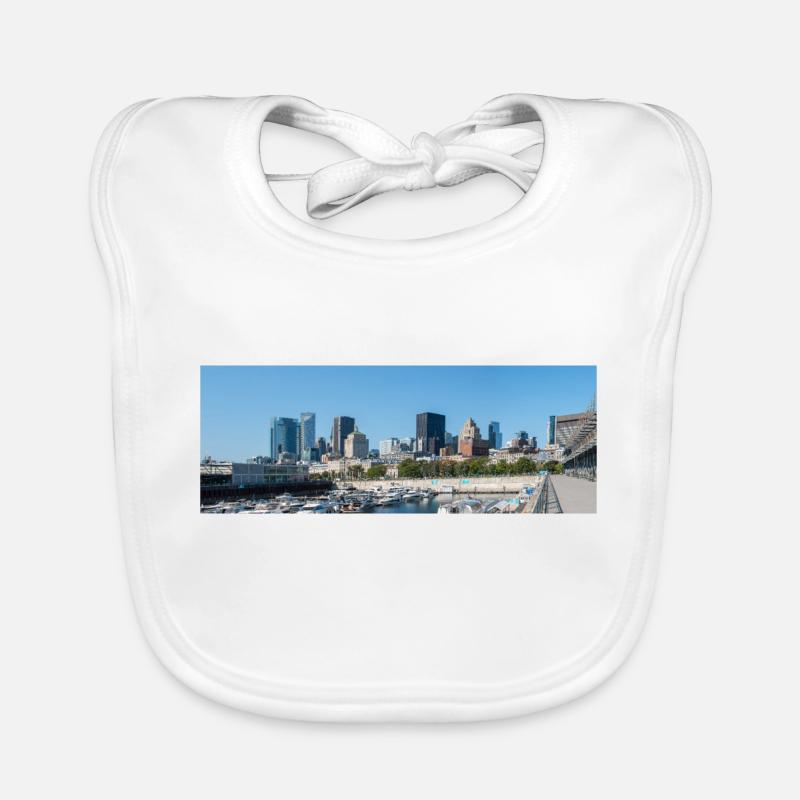 Panoramic view of Montreal Skyline from harbour Organic Baby Bibs