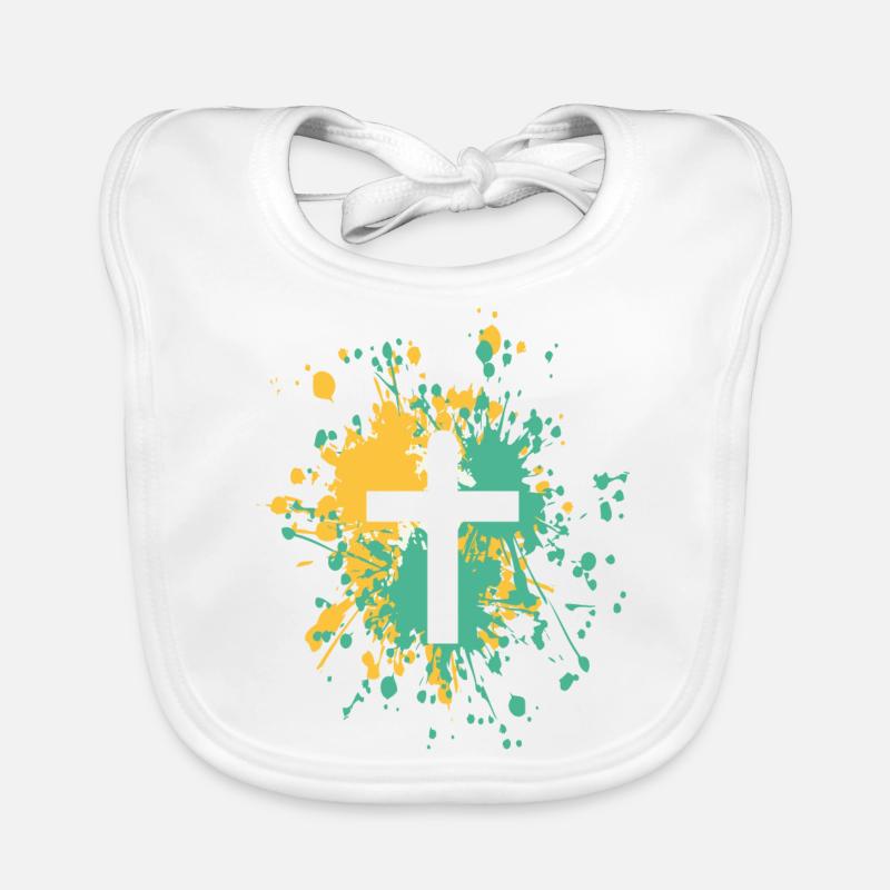 Symbole de croix chrétienne Couleur Splash - Bavoir bio Bébé - blanc