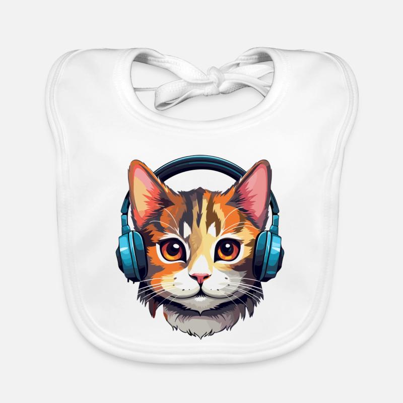 Chat avec écouteurs, Chat, Amoureux des chats, Chats - Bavoir bio Bébé - blanc