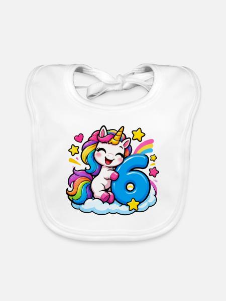Regenbogen Unicorn Geburtstag 6 - Baby Bio-Lätzchen - Weiß