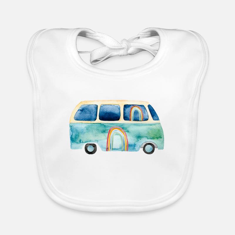 Rainbow Retro Vintage Van Bus - Bavoir bio Bébé - blanc