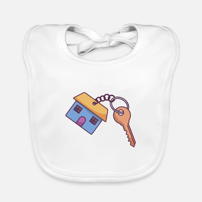 Un porte-clés en forme de maison bleue avec une clé Bavoir bio Bébé