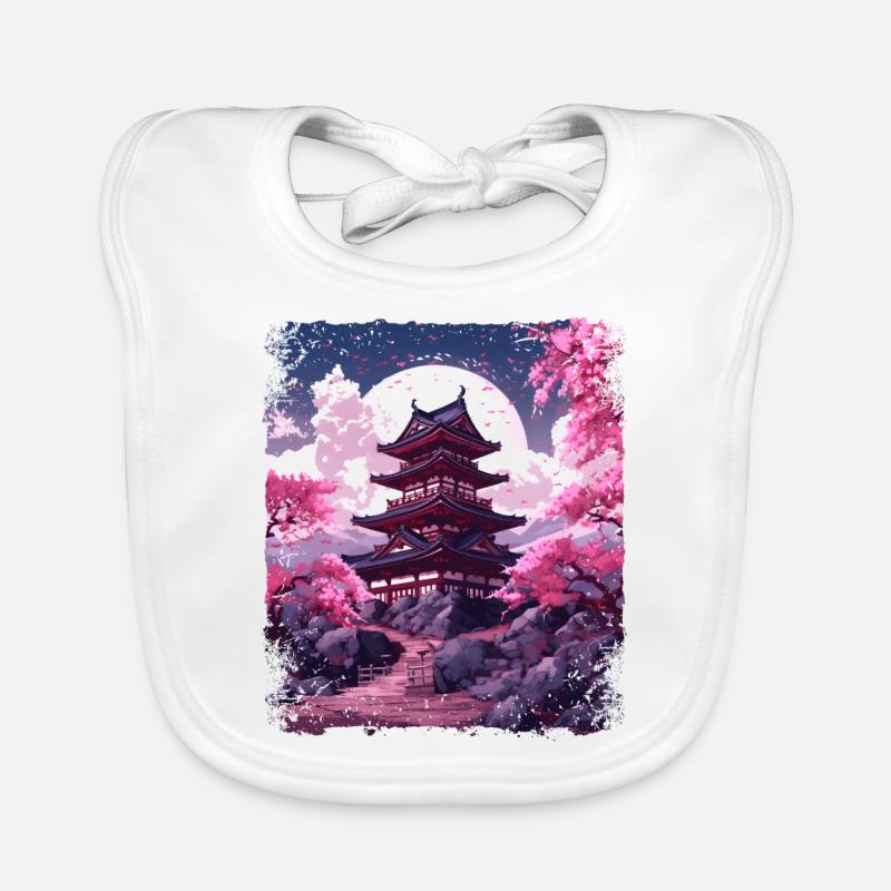 Cherry Blossom Sakura Tree in a Temple Vaporwave Organic Baby Bibs