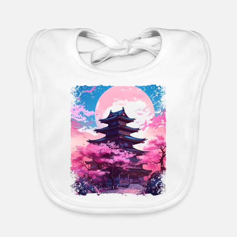 Vaporwave Cherry Blossom Sakura Tree in a Temple Organic Baby Bibs