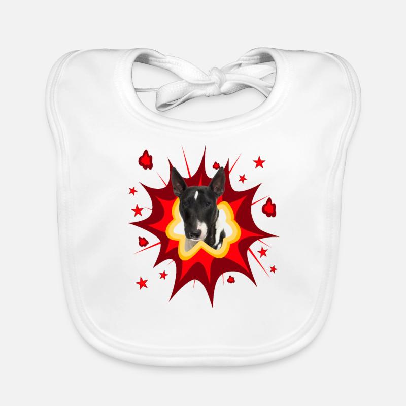 Comic Hund Design - Pow - Miniature Bull Terrier - Baby Bio-Lätzchen - Weiß