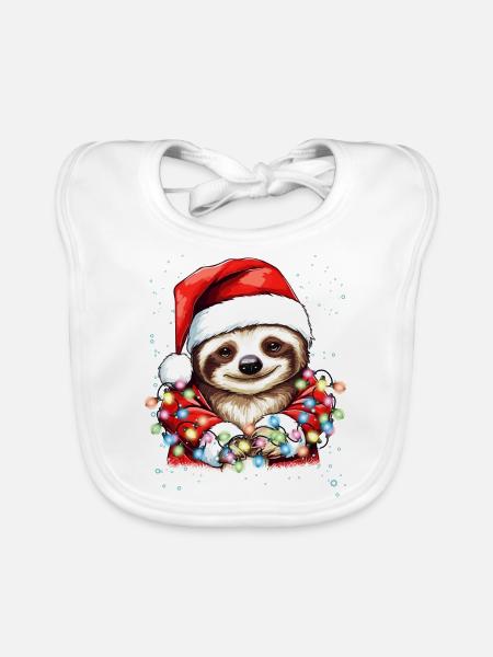 Weihnachtsdeko Faultier mit Weihnachtsbeleuchtung - Baby Bio-Lätzchen - Weiß - Vorne