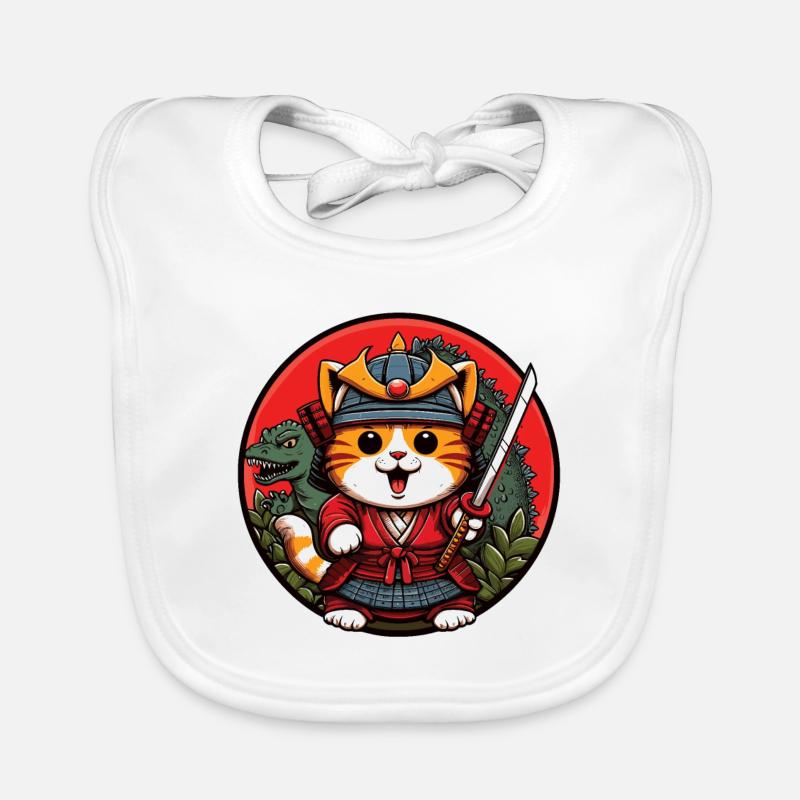 Samurai-Ninja-Katze und Dinosaurier-Monster dahinter Baby Bio-Lätzchen