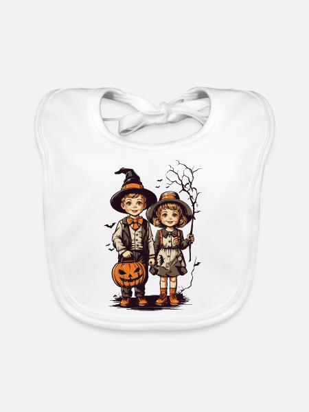 Vintage Halloween Kids Trick or Treat Fest - Organic Baby Bibs - white - Front