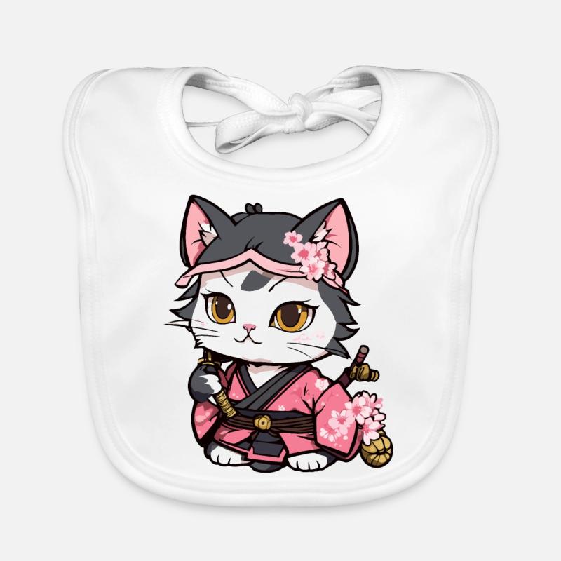 Chat samouraï & fleurs de cerisier #12 - Bavoir bio Bébé - blanc