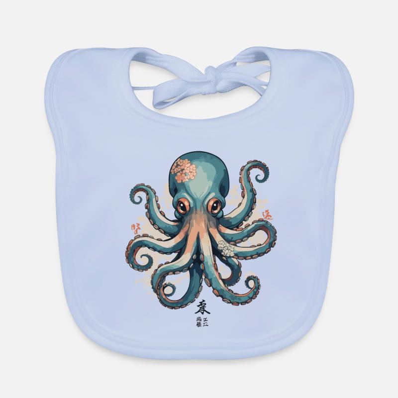 Octopus Ukiyo-E Cherry Blossoms Japan Sea Design Organic Baby Bibs