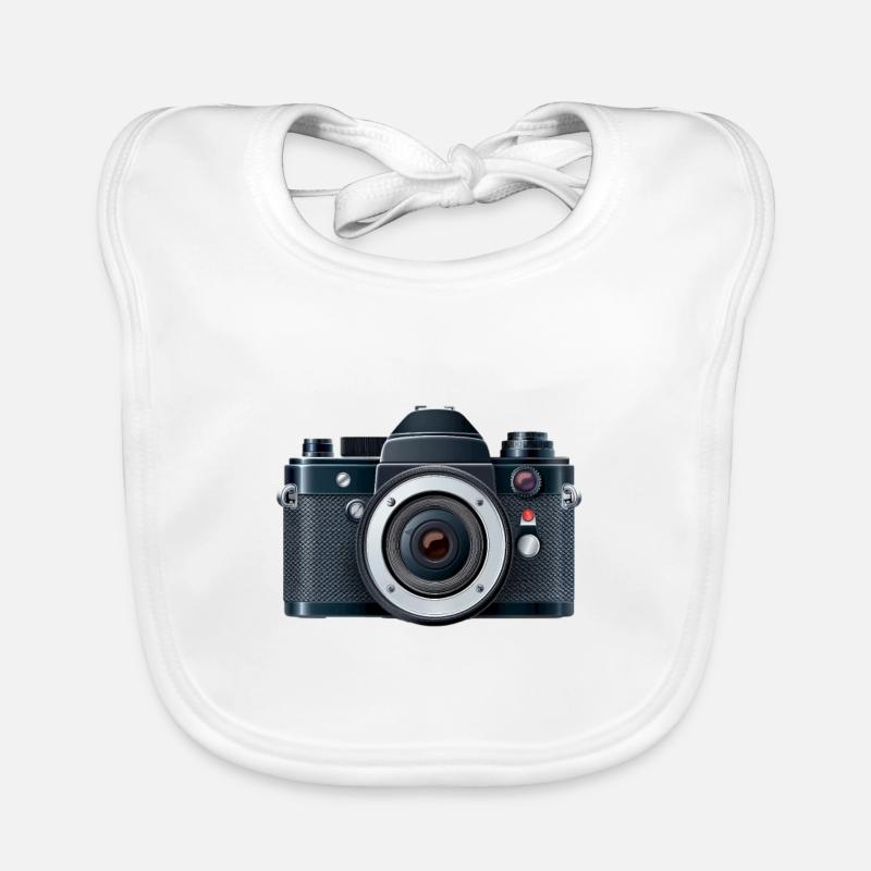 Digitalkamera mit Blitz in einer 2D-Illustration Baby Bio-Lätzchen