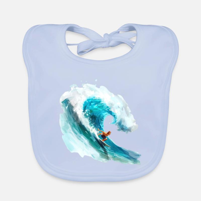 Surfer riding a big wave in a 2D Organic Baby Bibs