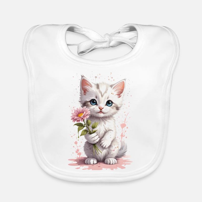 Chaton espiègle avec fleur - Aquarelle Bavoir bio Bébé