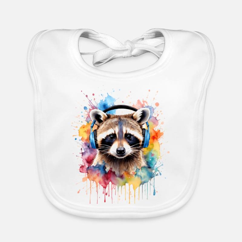 Waschbär Kopfhörer Musik Bunt Tier Design Print - Baby Bio-Lätzchen - Weiß