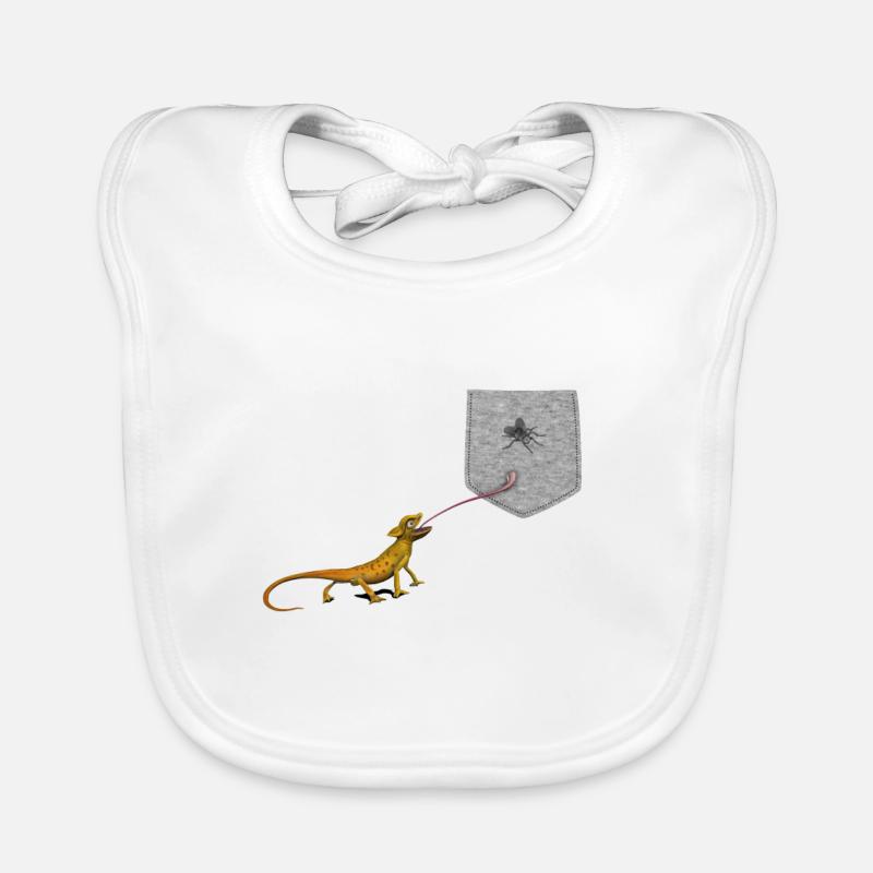 Eidechsenzunge, die nach der Fliege im falschen Taschenspaß greift Baby Bio-Lätzchen