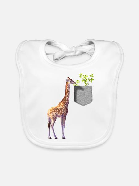 Girafe atteignant une branche avec des feuilles dans la poche - Bavoir bio Bébé - blanc - Devant