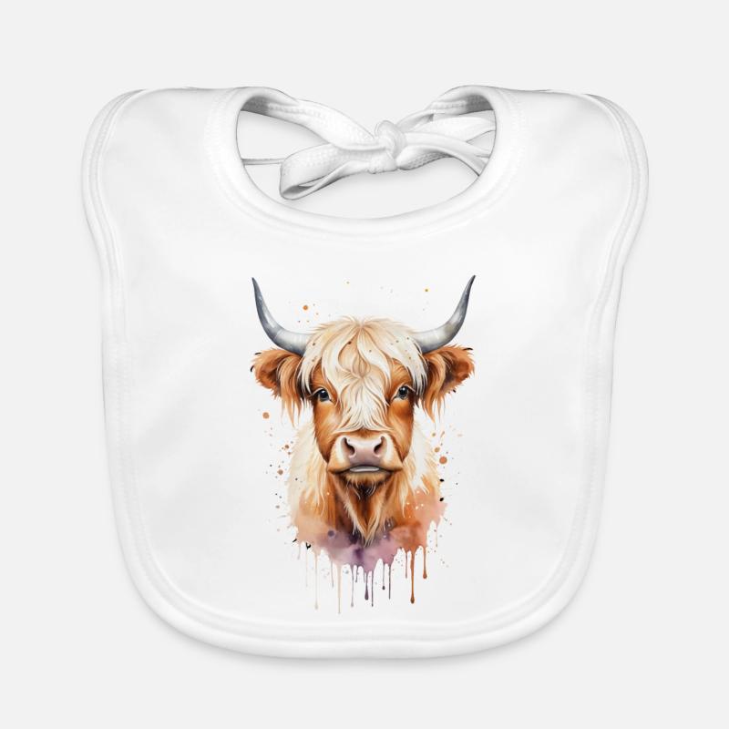 Highland Cow Watercolor Art - Rustic and Charming Organic Baby Bibs