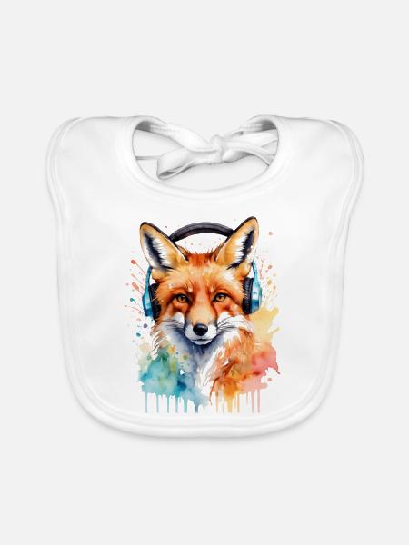 Fuchs Kopfhörer Musik Bunt Tier Design Print - Baby Bio-Lätzchen - Weiß