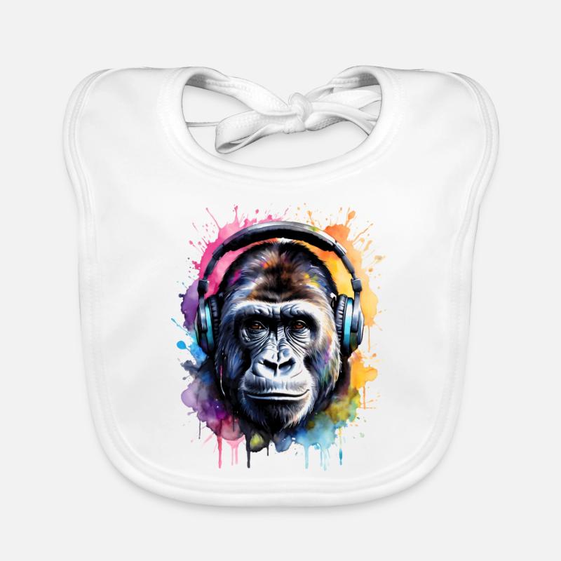 Gorilla Kopfhörer Affe Bunt Tier Design Print - Baby Bio-Lätzchen - Weiß