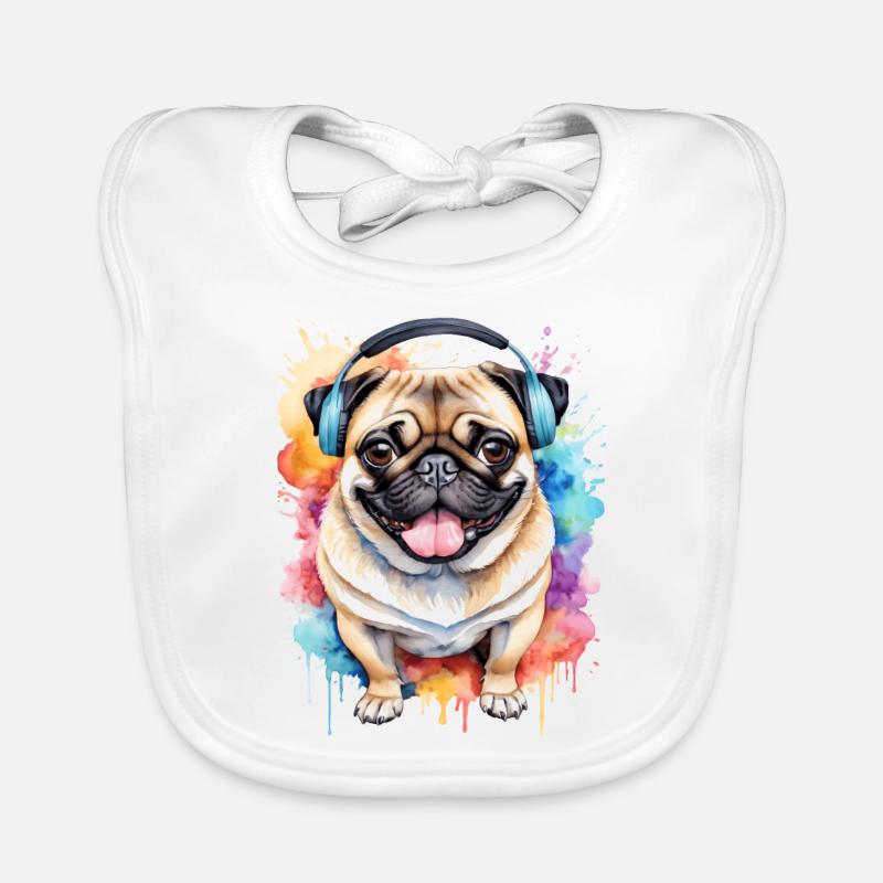 Mops Kopfhörer Hund Bunt Lustig Tier Design Print Baby Bio-Lätzchen