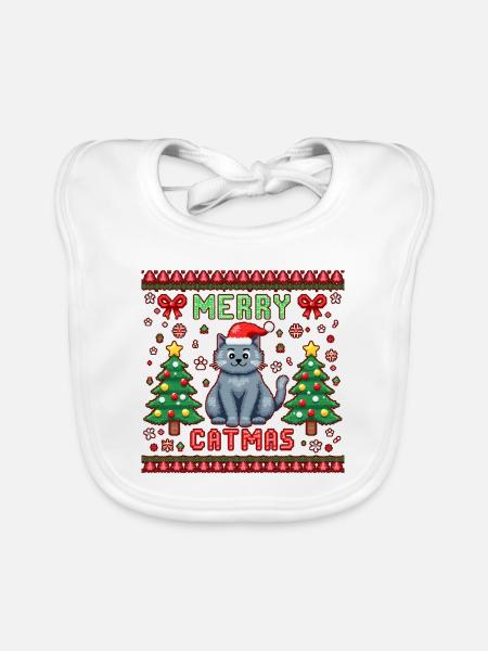 Merry Catmas – Katze unter dem Weihnachtsbaum - Baby Bio-Lätzchen - Weiß - Vorne