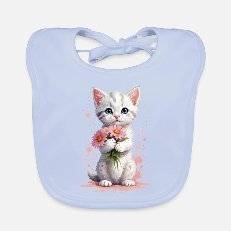 Playful Kitty with Pink Blossoms Organic Baby Bibs