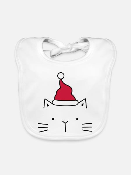 Cat Santa Claus Christmas hat Christmas - Organic Baby Bibs - white - Front