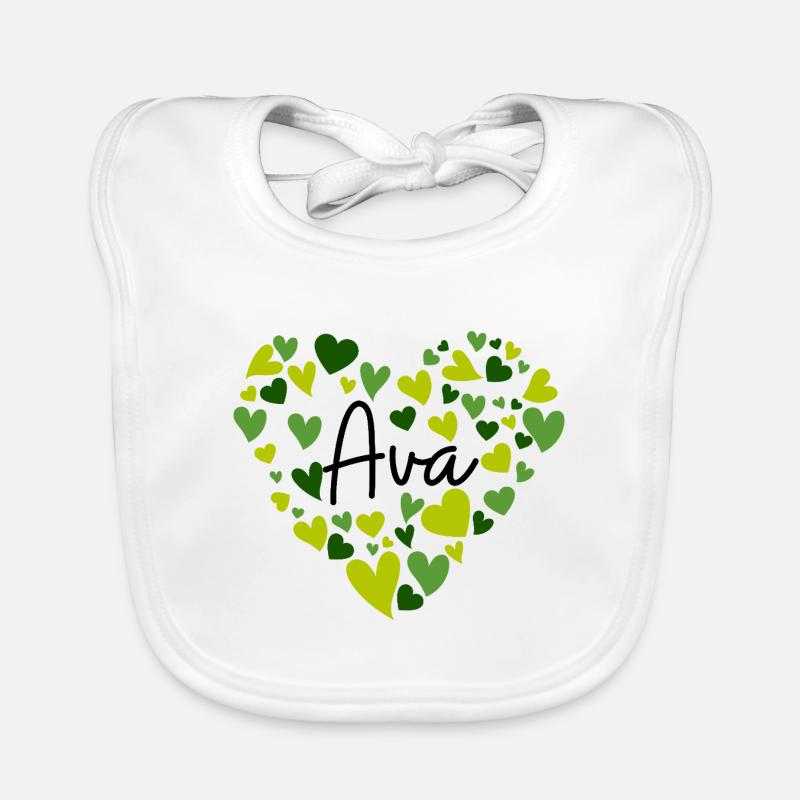 Conception du nom Ava avec des cœurs verts en forme de cœur Bavoir bio Bébé
