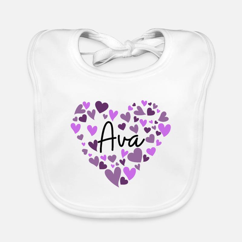 Conception du nom Ava avec des cœurs violets en forme de cœur Bavoir bio Bébé