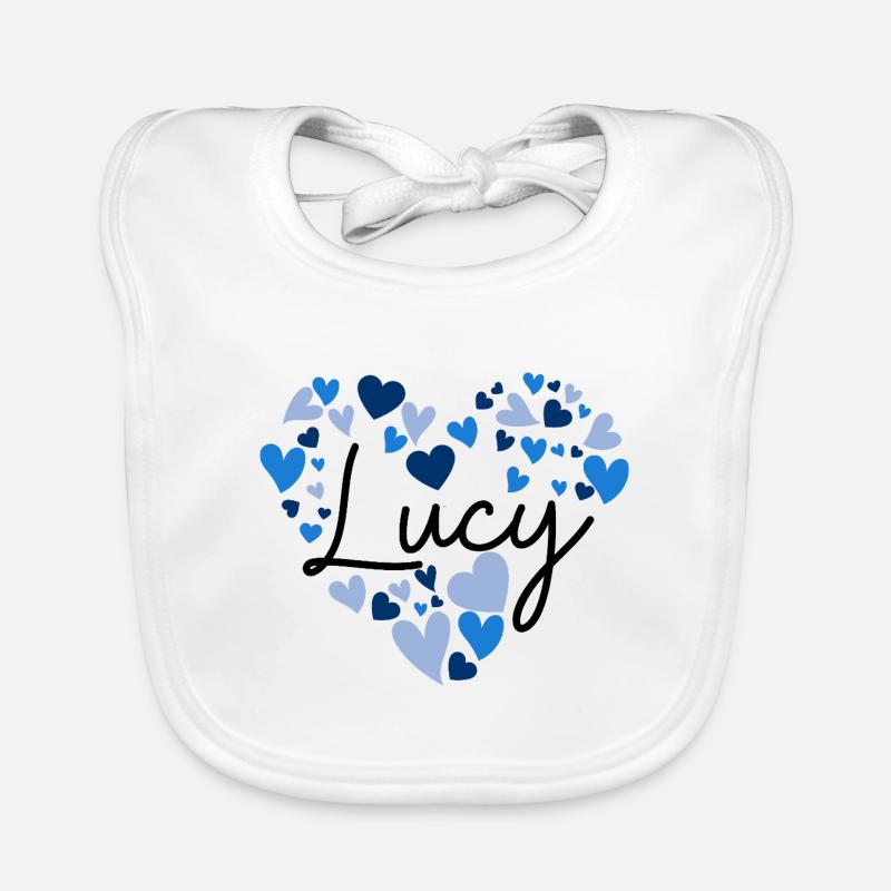 Lucy Name Design con cuori blu a forma di cuore - Bavaglino ecologico per neonato - bianco