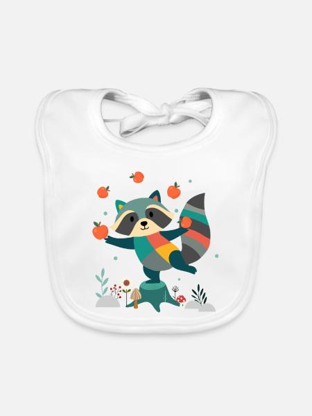 Playful raccoon happily juggling apples - Organic Baby Bibs - white - Front
