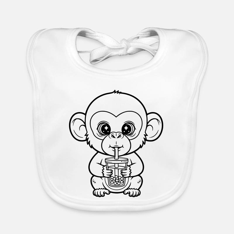 Cute Monkey with Bubble Tea Line Art Design Organic Baby Bibs