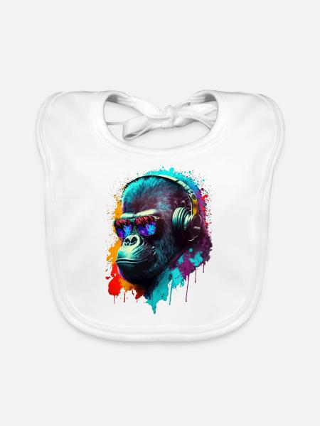 Gorilla Monkey DJ Casque Lunettes de soleil Club Musique - Bavoir bio Bébé - blanc - Devant