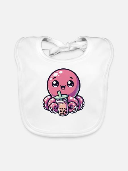 Octopus Drinking Bubble Tea kawaii Boba Octopus - Organic Baby Bibs - white - Front