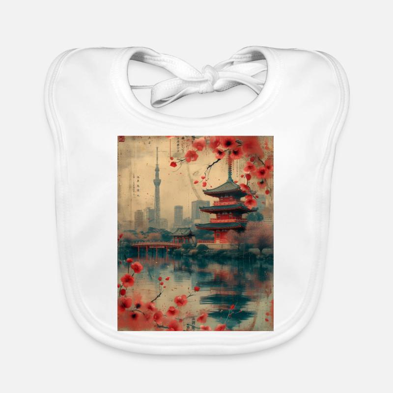 Eastern Harmony: Vintage Tokyo Skyline with Cherry Organic Baby Bibs