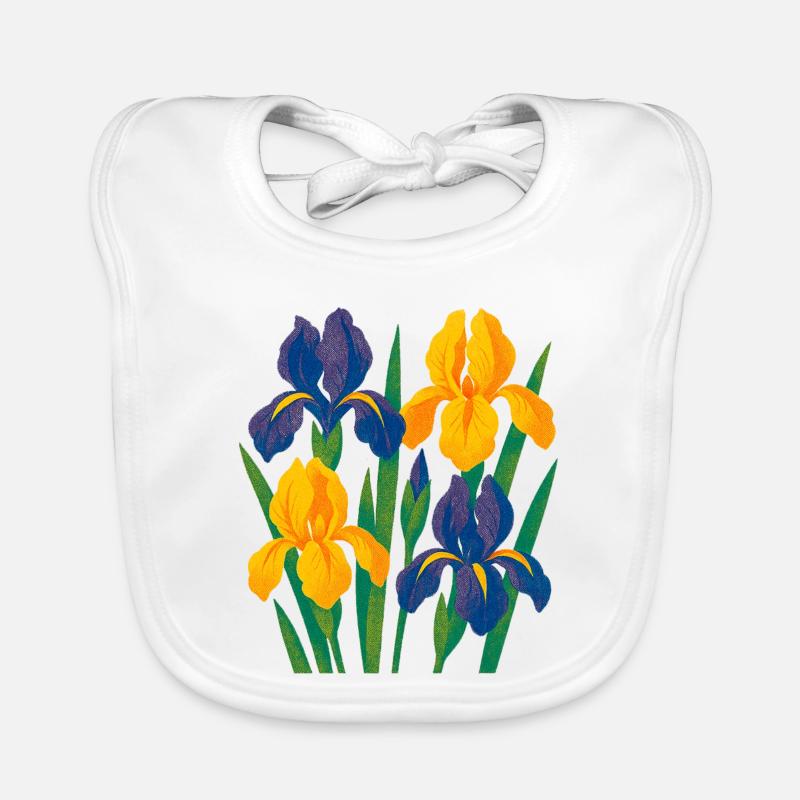 Harmonie d’iris : Fleurs dorées et indigo Bavoir bio Bébé