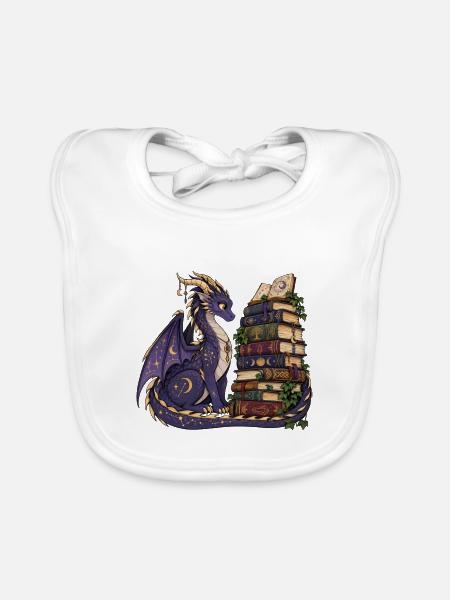 Magischer Buchdrache – Edles Mond & Sterne Design - Baby Bio-Lätzchen - Weiß