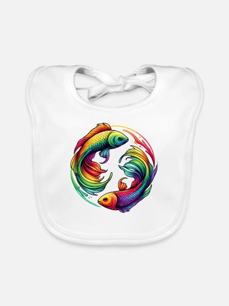 Pisces Zodiac Enigmatic Rainbow Design - Organic Baby Bibs - white - Front