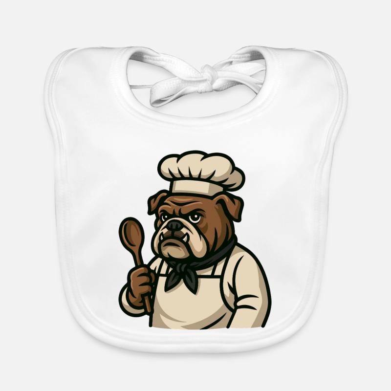 Bulldog Chef Holding Spoon Kitchen Mascot Art Organic Baby Bibs