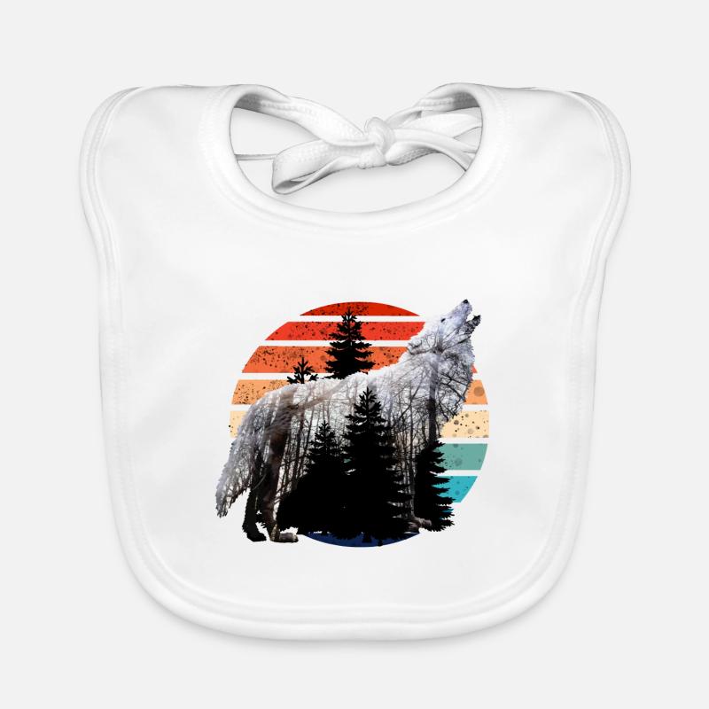 Howling Wolf Double Exposure with Retro Sunset Organic Baby Bibs